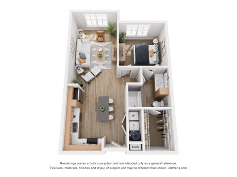 Floor plan for 1 bed, 1 bath, 734 sqft